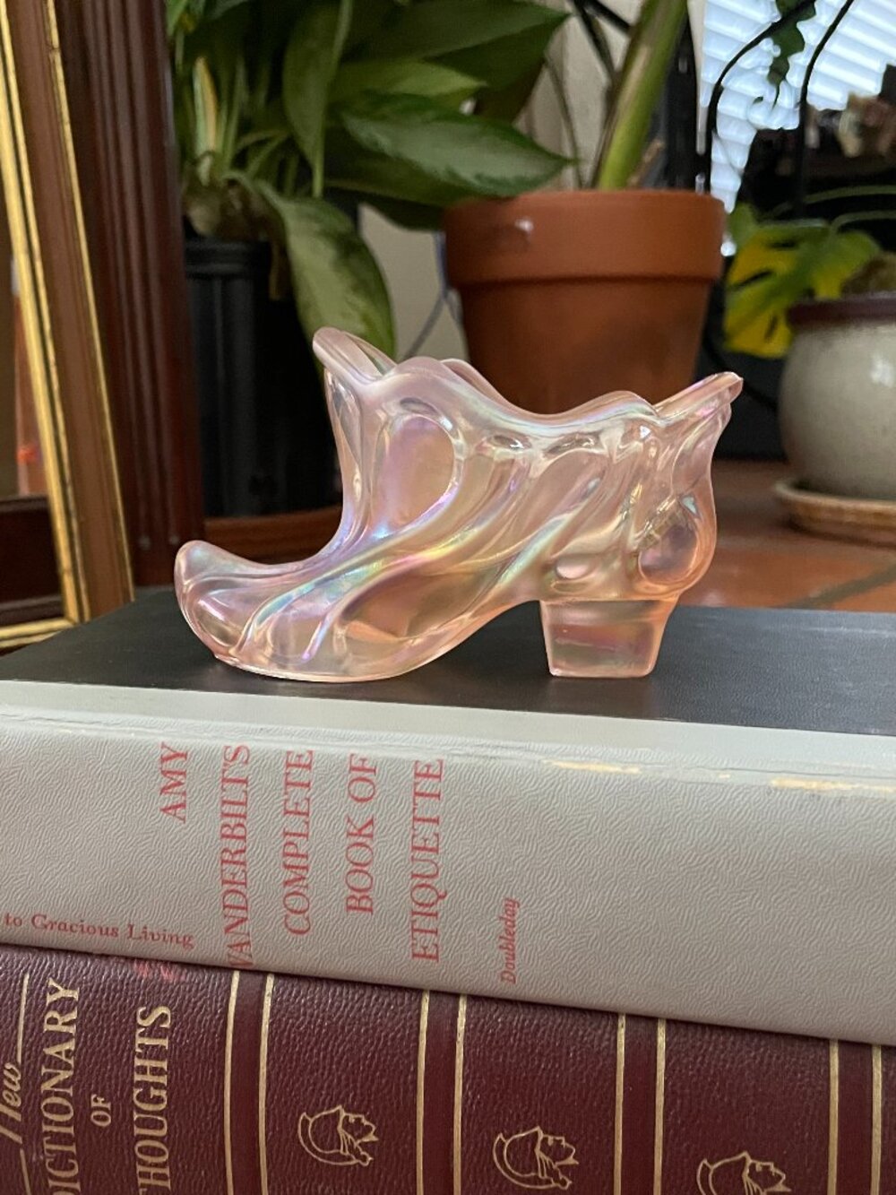 Fenton Iridescent Pink Glass Shoe Figurine Glossy Decorative 5" Collectible